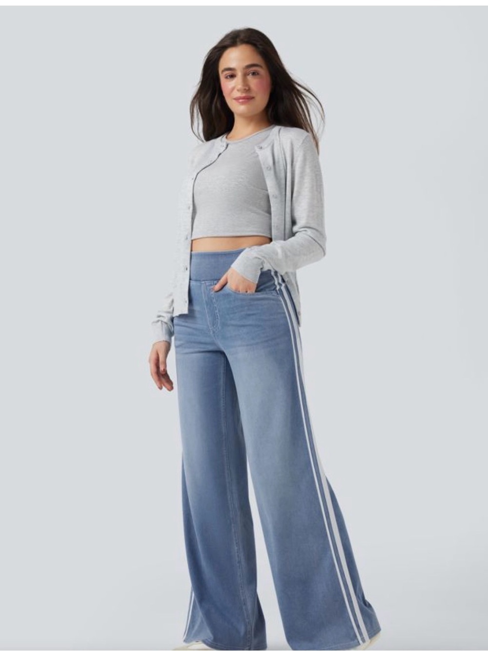 HALARA Light Blue Wide-Leg Track Stripe Jeans